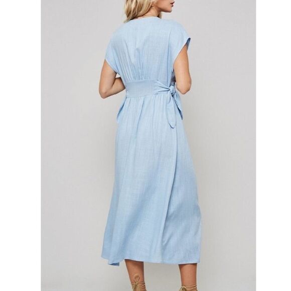 Promesa Linen Blend Tan Side Tie Midi Dress size Large - Picture 5 of 7